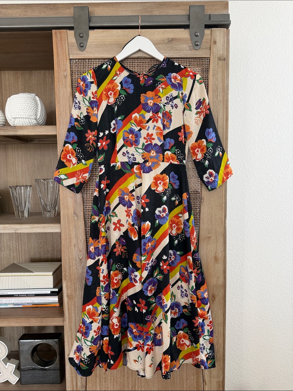 Zara Black Floral Printed Midi Dress with Multicolor Stripes